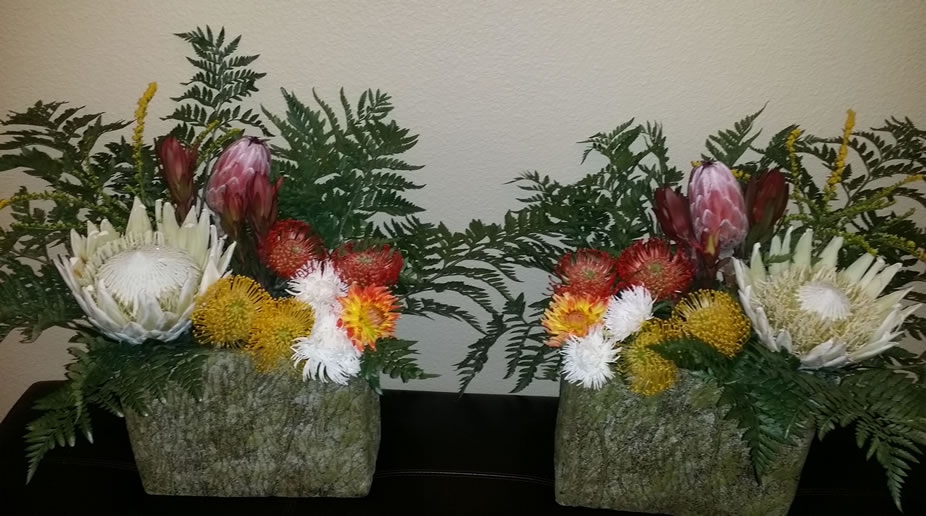 White King Protea Pink Protea Pin Cushion White Dahlia Leather Leaf Fern Leucadendron